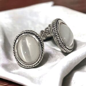 Vintage Oval Moonstone in a Silver Plated Setting Earrings for Pierced Ears 1/2”